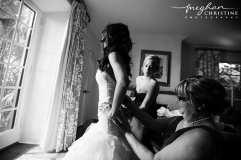 Four Seasons Biltmore Getting Ready Bridal Gown Black and White Photo
