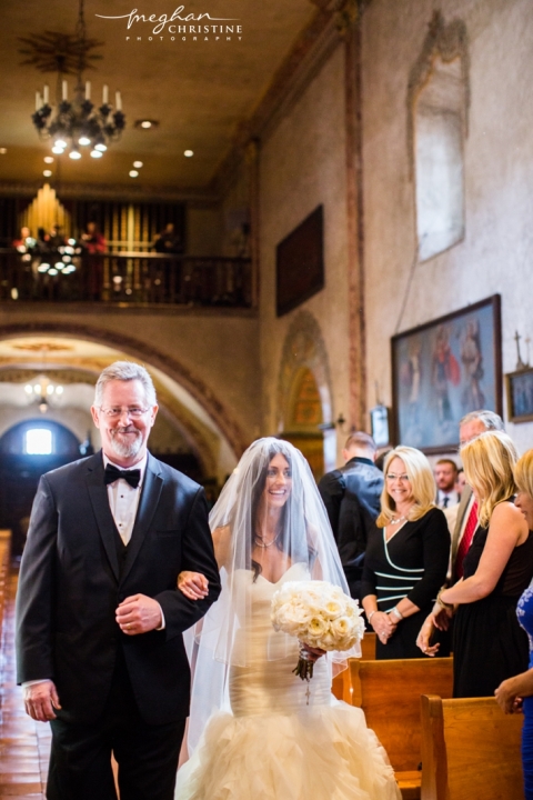 Santa Barbara Mission Wedding Bride and Dad walking down the aisle close up Photo