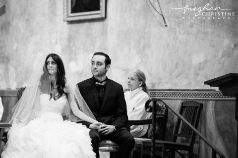 Santa Barbara Mission Wedding Bride and Groom Black and White Photo