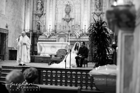 Santa Barbara Mission Wedding Priest with Bride and Groom Photo
