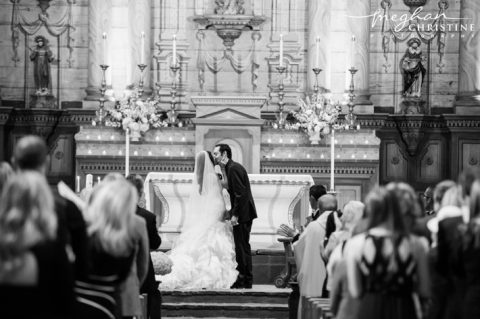 Santa Barbara Mission Wedding Husband and Wife's First Kiss Photo