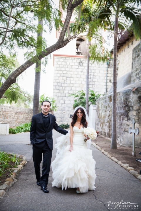 Santa Barbara Mission Wedding Husband and Wife Walking Together Photo
