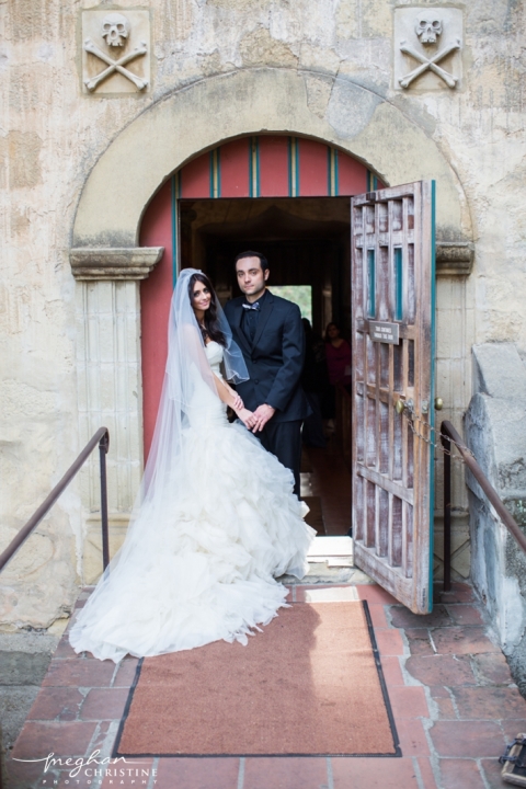 Santa Barbara Mission Wedding Husband and Wife Standing at Doorway Photo