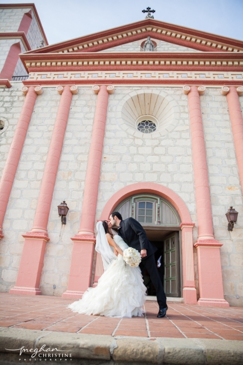 Santa Barbara Mission Wedding Husband and Wife Kissing Photo