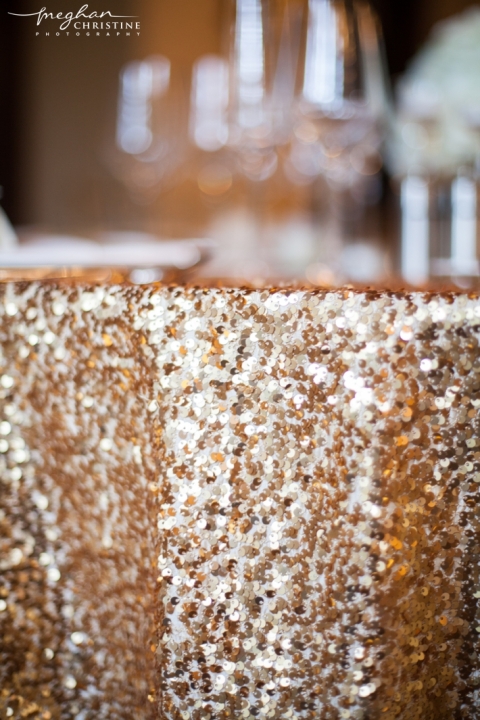Four Seasons Biltmore Wedding Reception Gold Sequin Tablecloth Photo