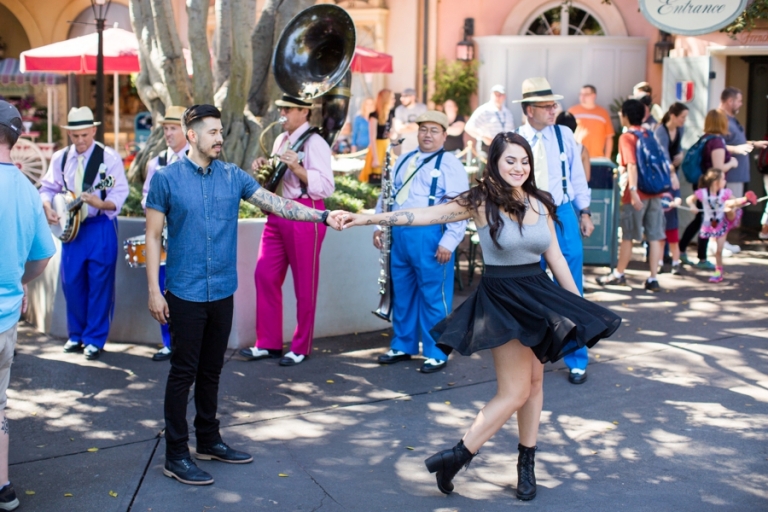Disneyland Engagement Dancing to New Orleans Square Band Photo 