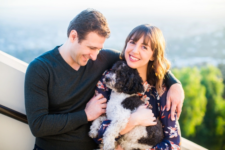 Griffith Observatory Engagement Couple on Stairs with dog Sloopy Photo